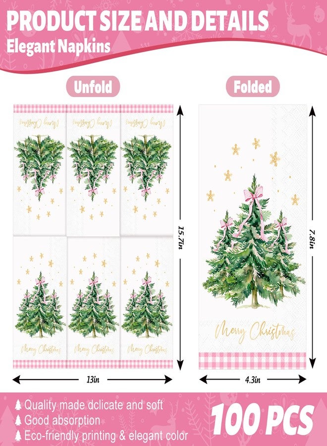 وولاين مجموعة مناديل ضيوف عيد الميلاد من والين، 100 قطعة، مزينة بفيونكة وردية وشجرة عيد الميلاد، مناديل ورقية للاستخدام مرة واحدة، مزينة برقائق ذهبية وندفة ثلج، مثالية لحفلات العشاء. - Image 2